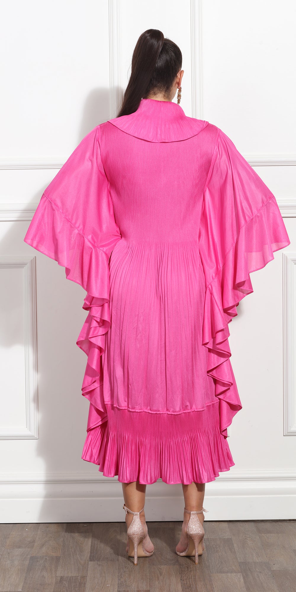 Luxe Moda LM303 - Fuchsia - Micro Pleat Dress with Roll Collar