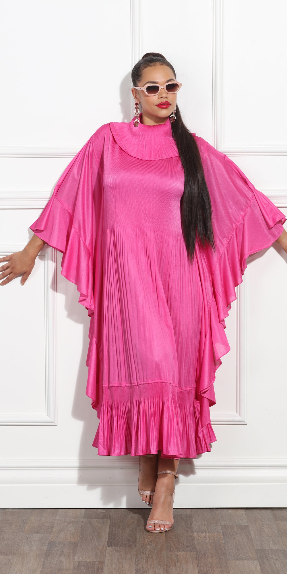 Luxe Moda LM303 - Fuchsia - Micro Pleat Dress with Roll Collar