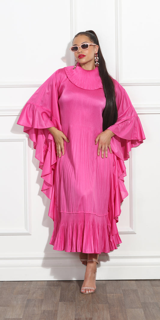 Luxe Moda LM303 - Fuchsia - Micro Pleat Dress with Roll Collar