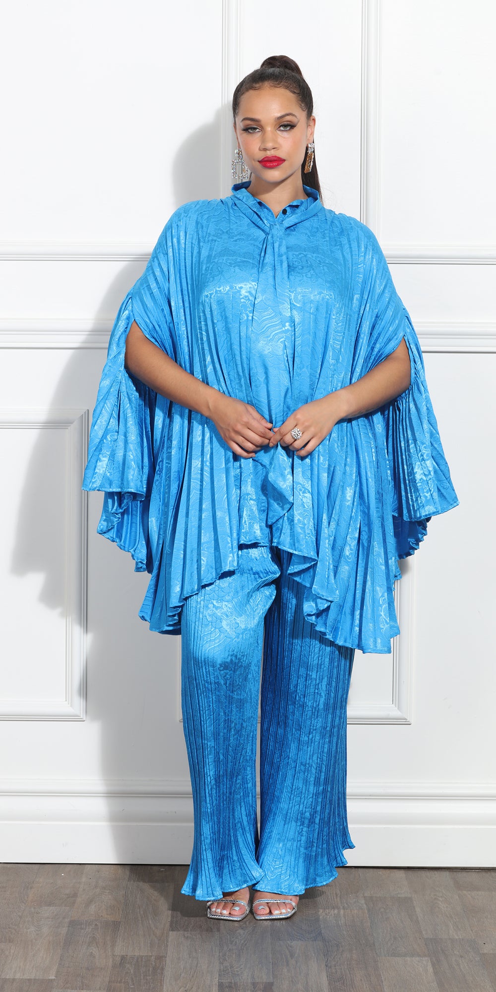 Luxe Moda LM360 - Blue - Pleated Pancho and Wide Leg Pant Set