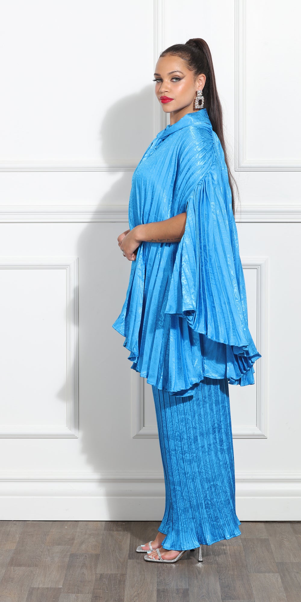 Luxe Moda LM360 - Blue - Pleated Pancho and Wide Leg Pant Set