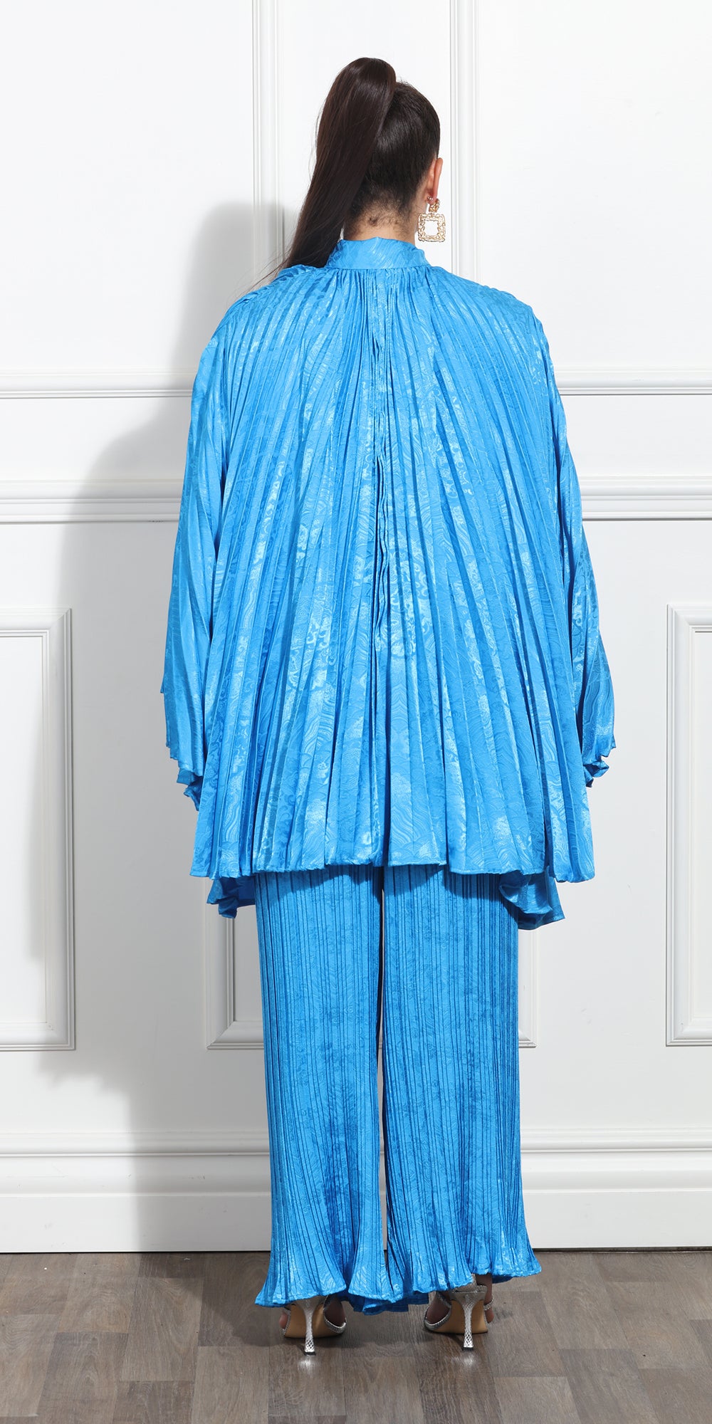 Luxe Moda LM360 - Blue - Pleated Pancho and Wide Leg Pant Set