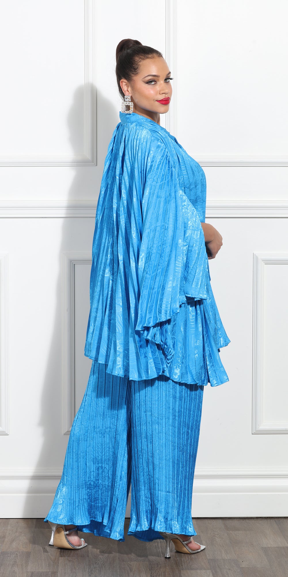 Luxe Moda LM360 - Blue - Pleated Pancho and Wide Leg Pant Set