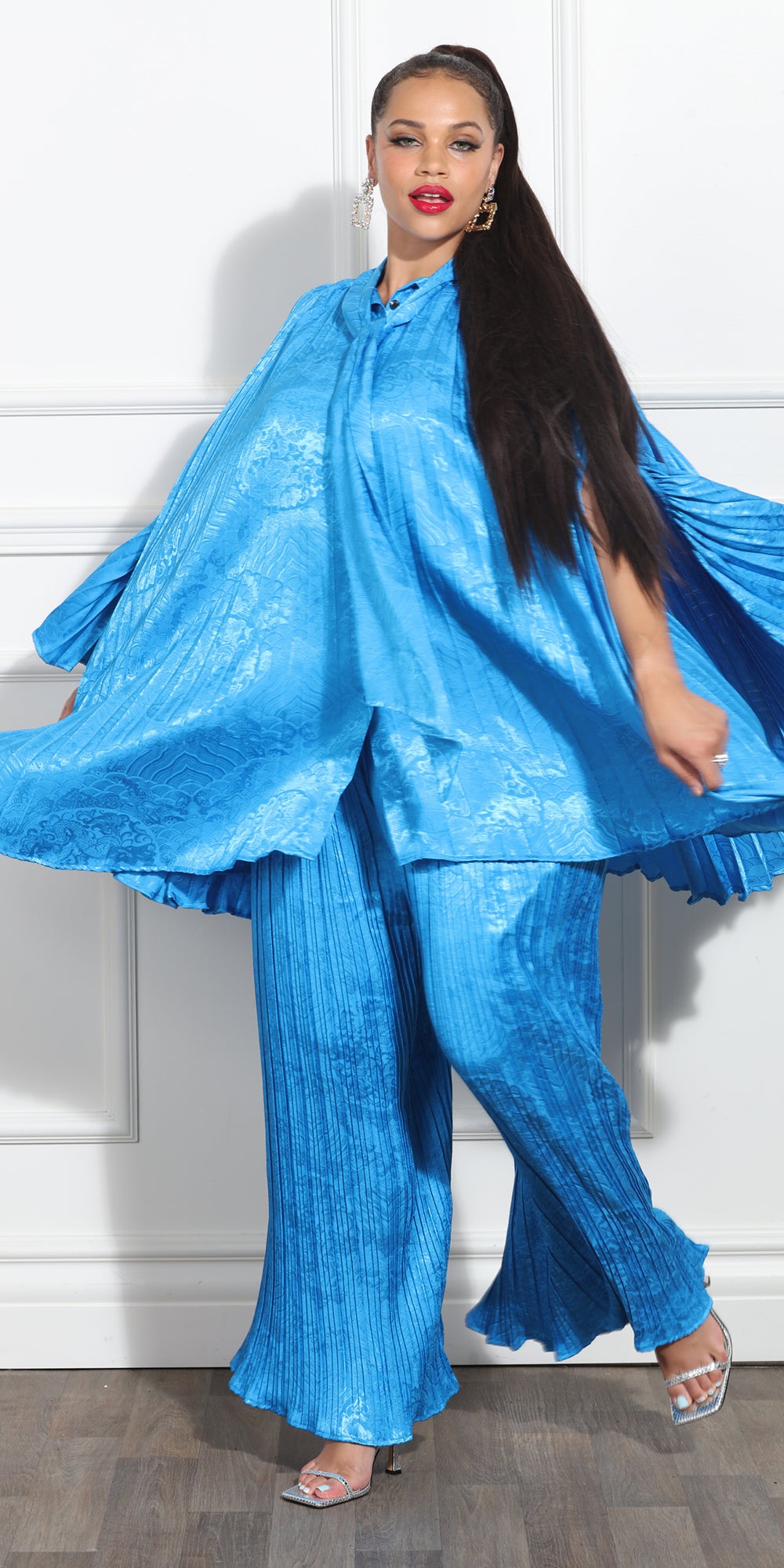 Luxe Moda LM360 - Blue - Pleated Pancho and Wide Leg Pant Set