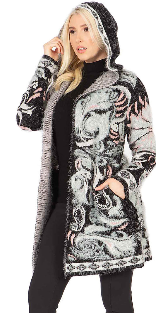 Maxsport MX35075 - Black Combo - Hooded Print Knit Eyelash Cardigan