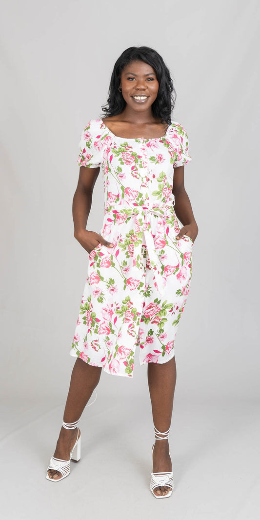Mlle Gabrielle - 121934 Belted - Pink White - Print Cotton Womens Dress