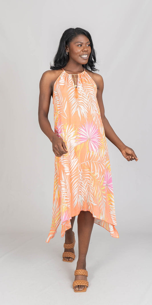 Mlle Gabrielle - 112099 - Tangerine - Leaf Print Dress
