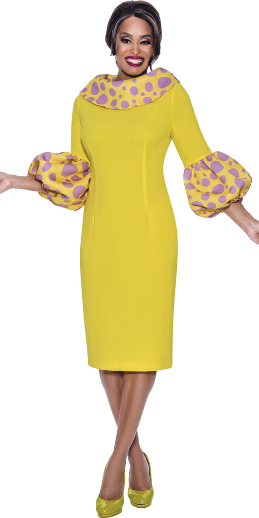 Dresses by Nubiano - 12151 -Yellow Lavender - Dot Print Collar and Cuffs Dress