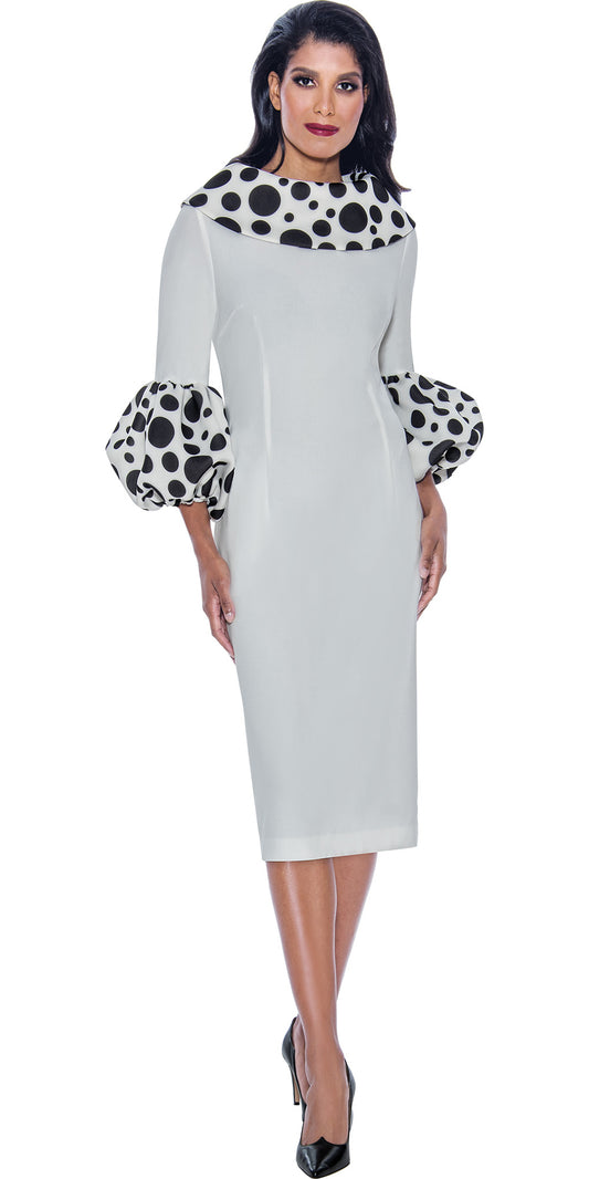 Dresses by Nubiano - 12151 - White Black - Dot Print Collar and Cuffs Dress