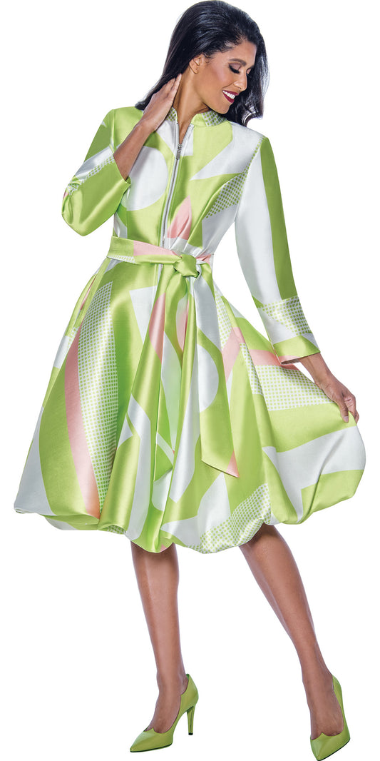 Dresses by Nubiano - 12251 - Pink Lime - Belted Zip-front Print Twill Dress