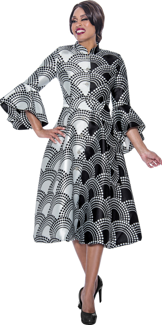 Dresses by Nubiano 12291 - Black White - Print Dress with Flare Sleeves
