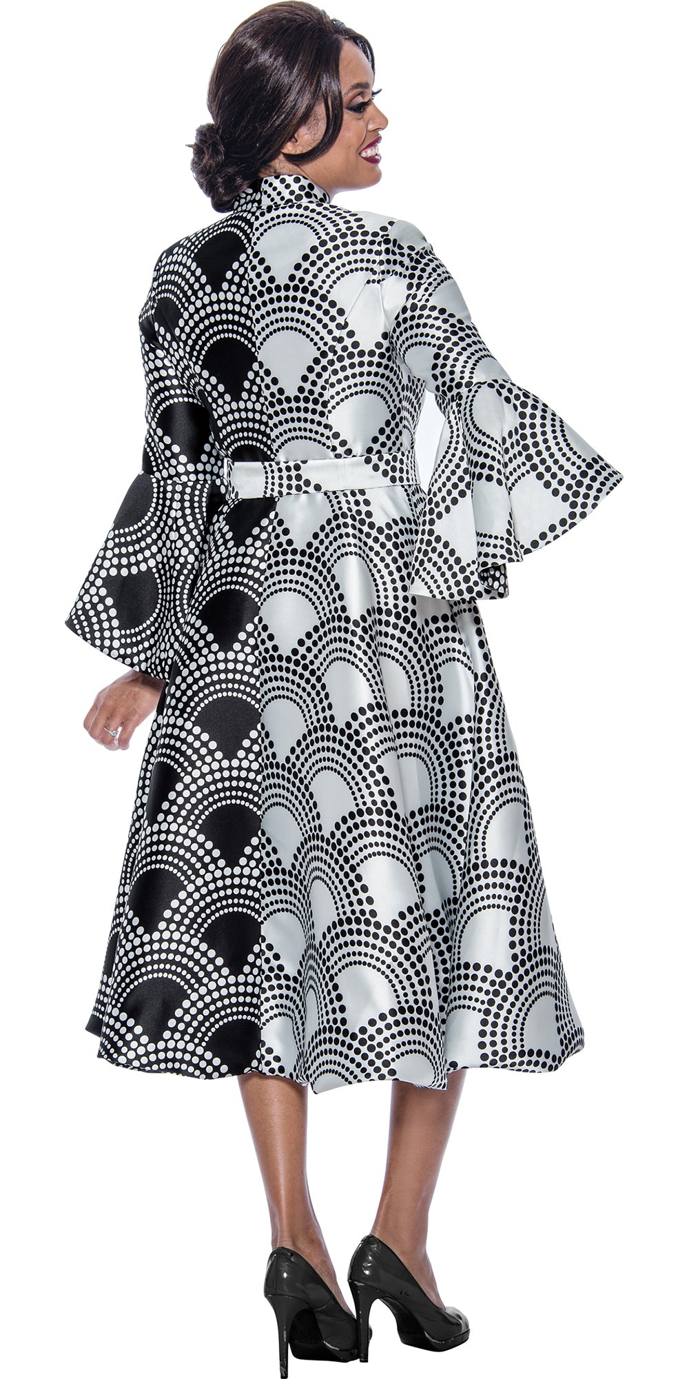 Dresses by Nubiano 12291 - Black White - Print Dress with Flare Sleeves