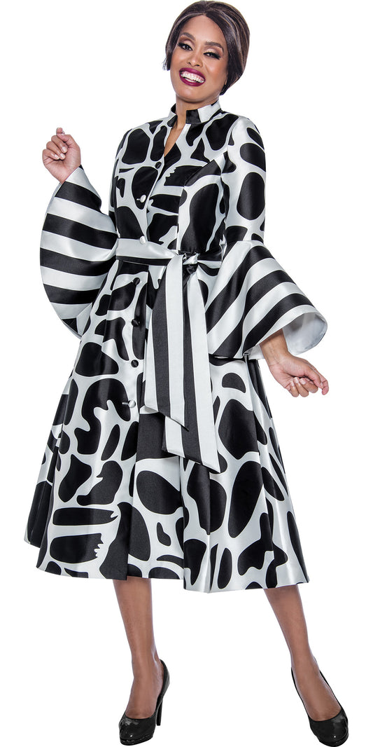 Dresses by Nubiano 12341 - Black White - Flare Sleeve Print Twill Dress with Sash Belt