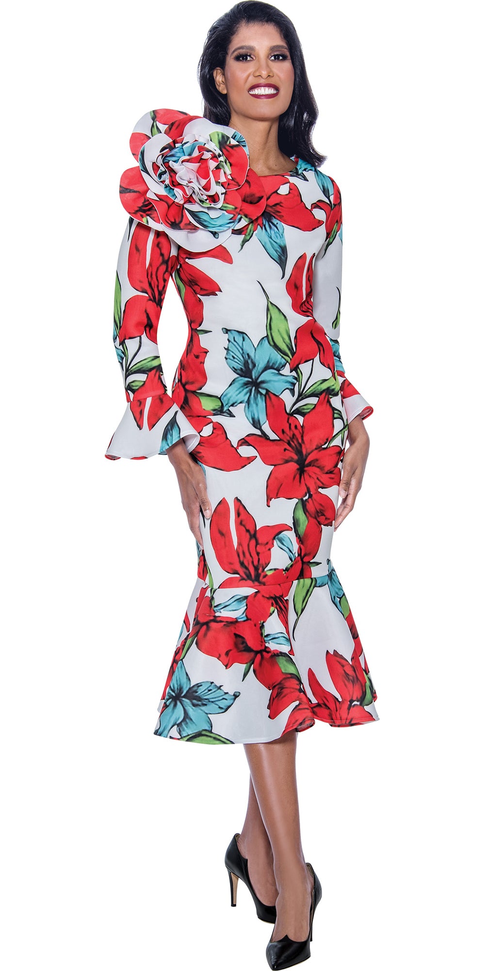Dresses by Nubiano 12371 - Multi - Scuba Fabric Dress with Oversized Shoulder Flower