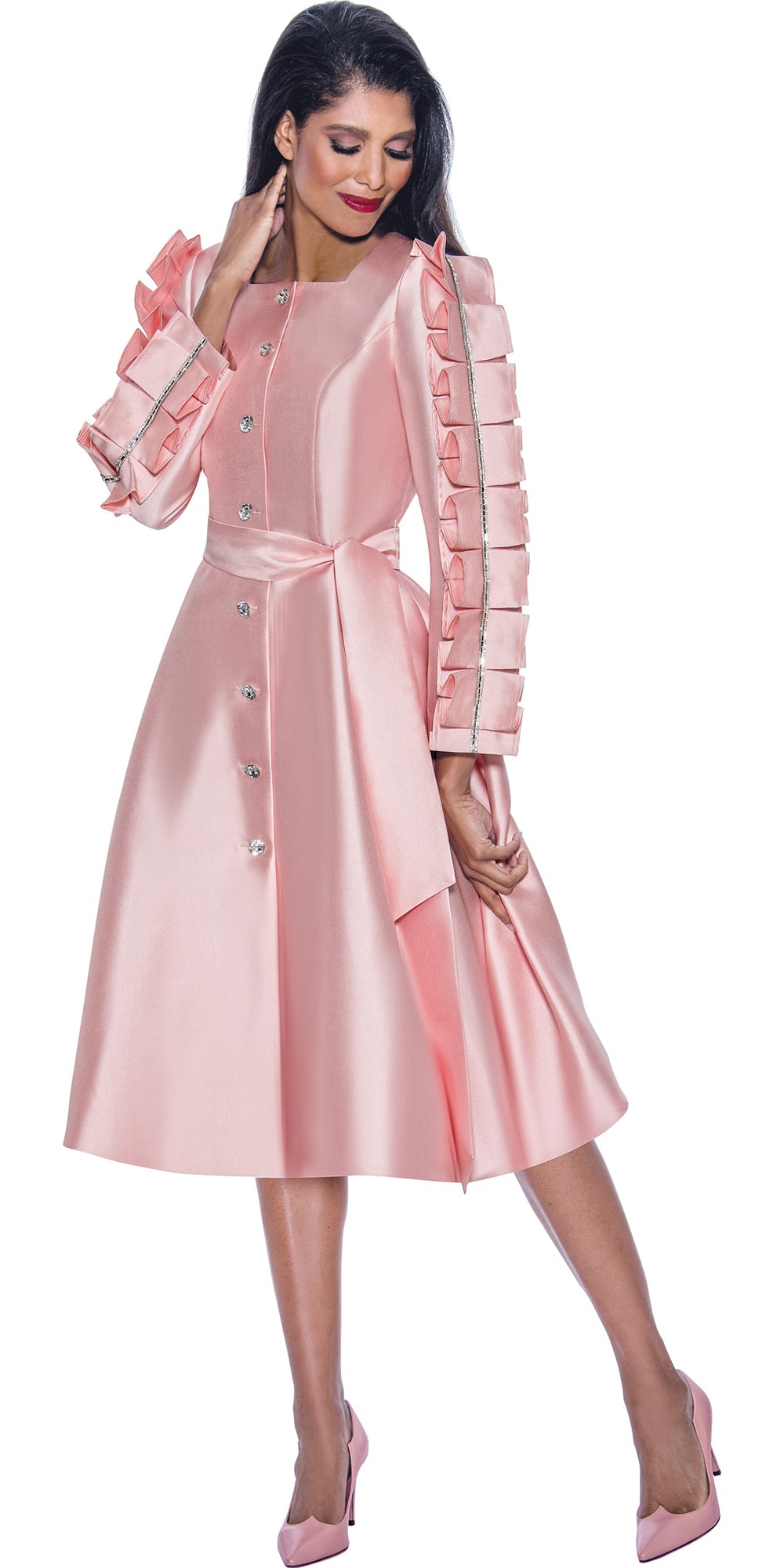 Dresses by Nubiano 12381 - Pink - Button front Silky Twill Dress with Embellishments