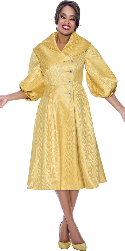 Dresses by Nubiano 12401 - Light Gold - Moire Fabric Button Front Dress with Puff Sleeves