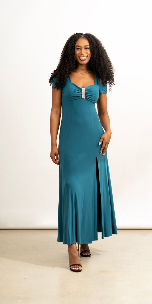 R&M Richards 1367 - Teal - Cold-shoulder Maxi Dress