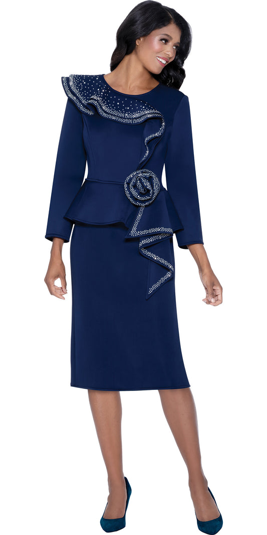 Stellar Looks 600461 - Navy - Crystal Scuba Ruffle Dress