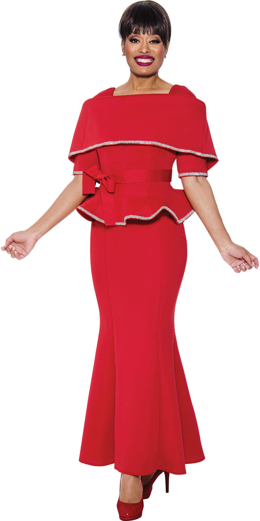 Stellar Looks 1692 - Red - Belted Portrait Collar Peplum 2pc Skirt Set