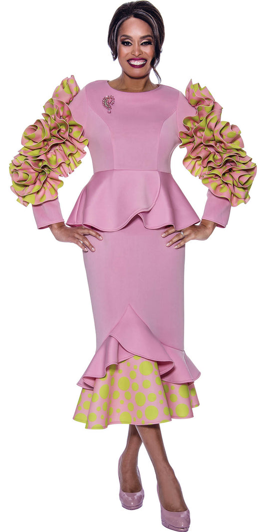 Stellar Looks 1971 - Pink Lime - Scuba Ruffle Sleeve Dress