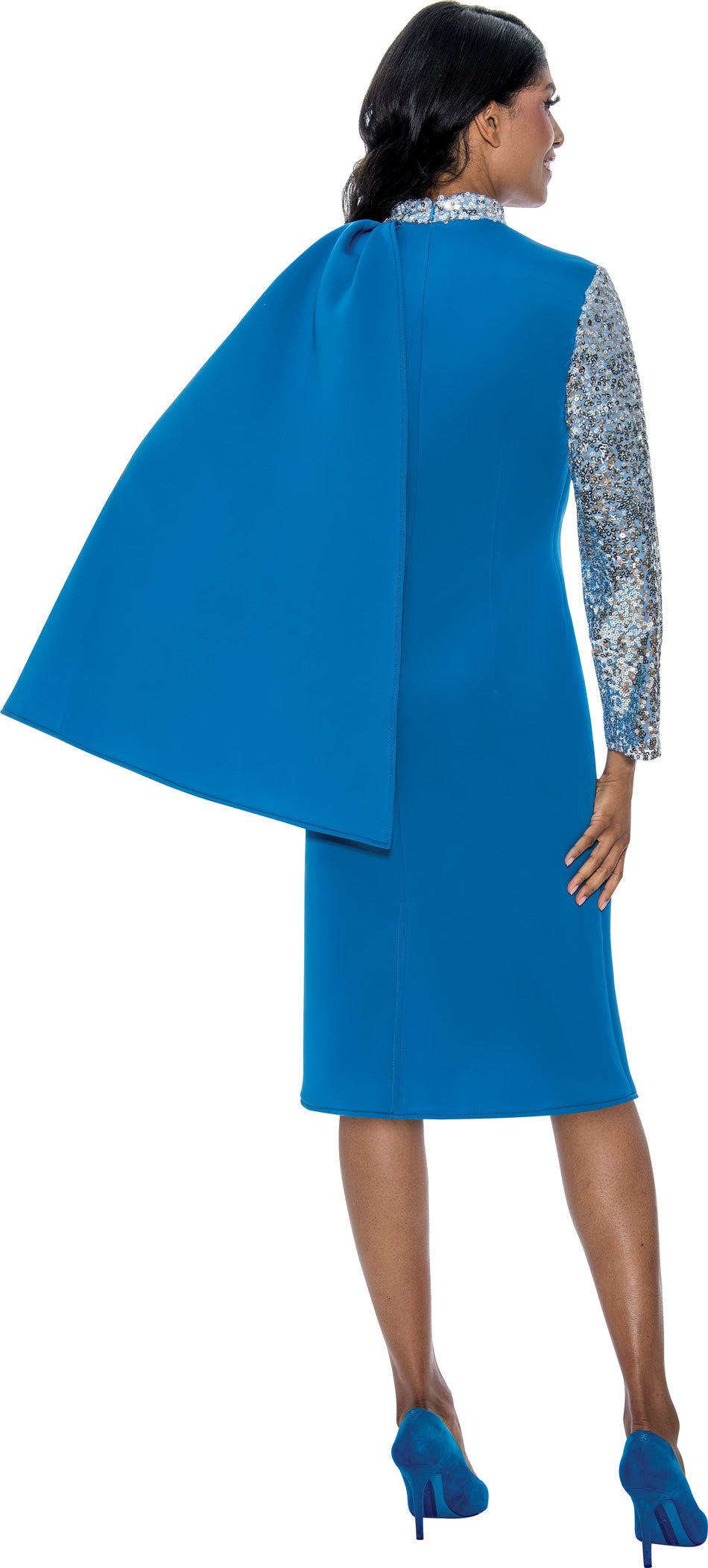 Stellar Looks 600261 - Blue - Dramatic Shoulder Scuba Dress