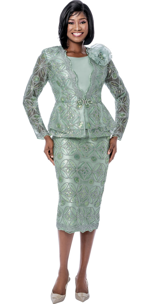 Terramina 7272 - Sage - 3 pc Crystal Lace Skirt Suit