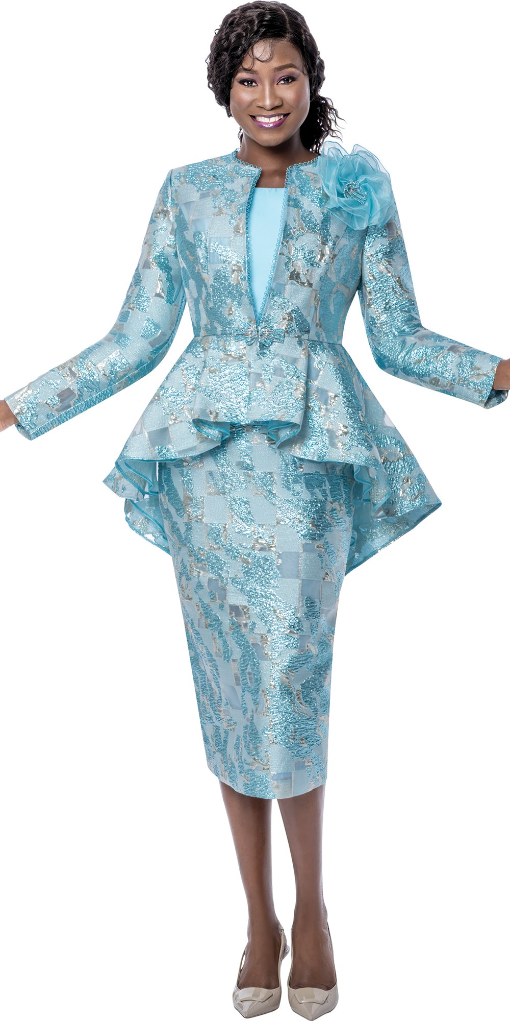 Terramina 7273 - Aqua - 3 pc Brocade Skirt Suit