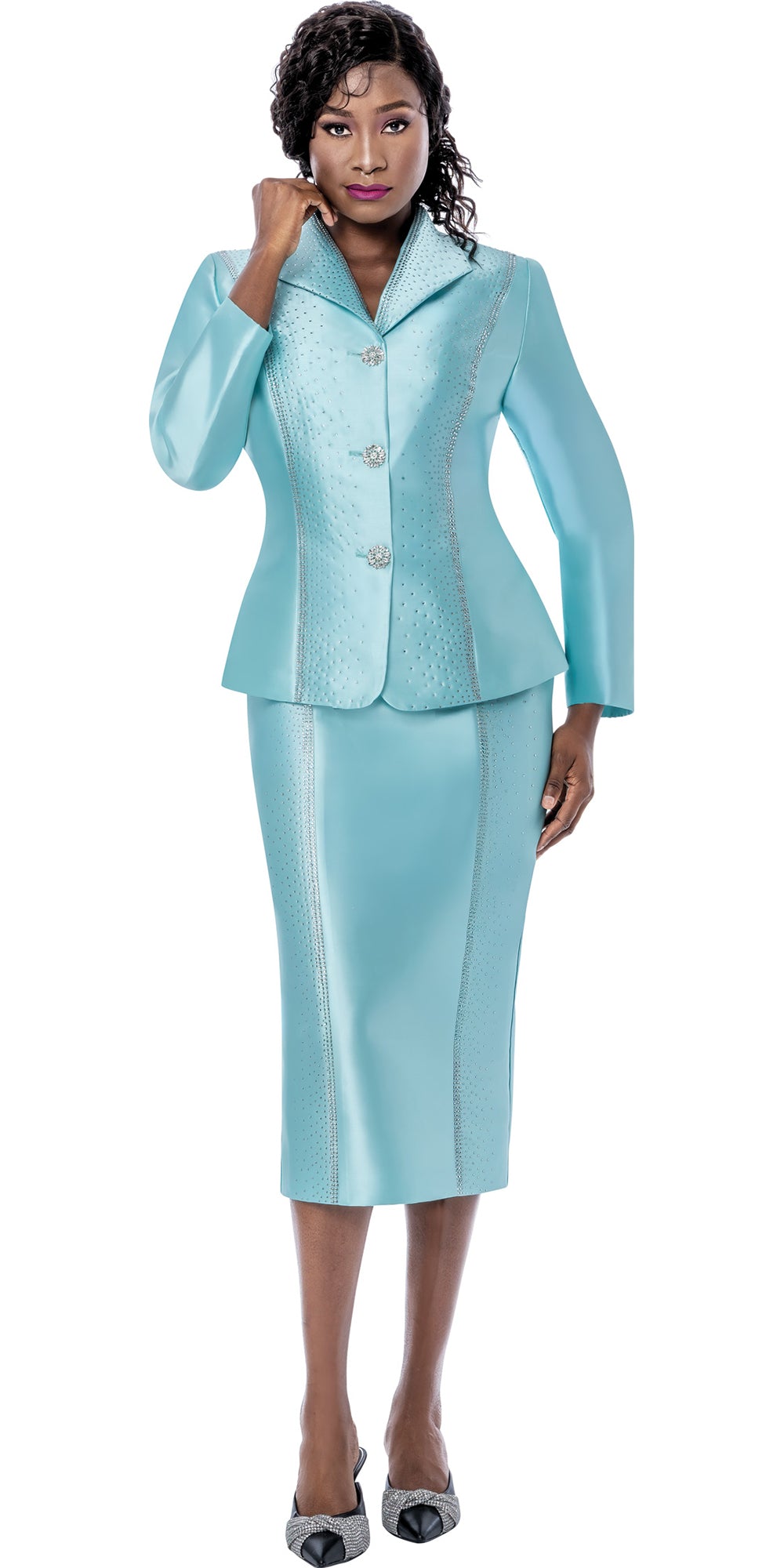 Terramina 7280 - Aqua - Crystal Embellished Skirt Suit