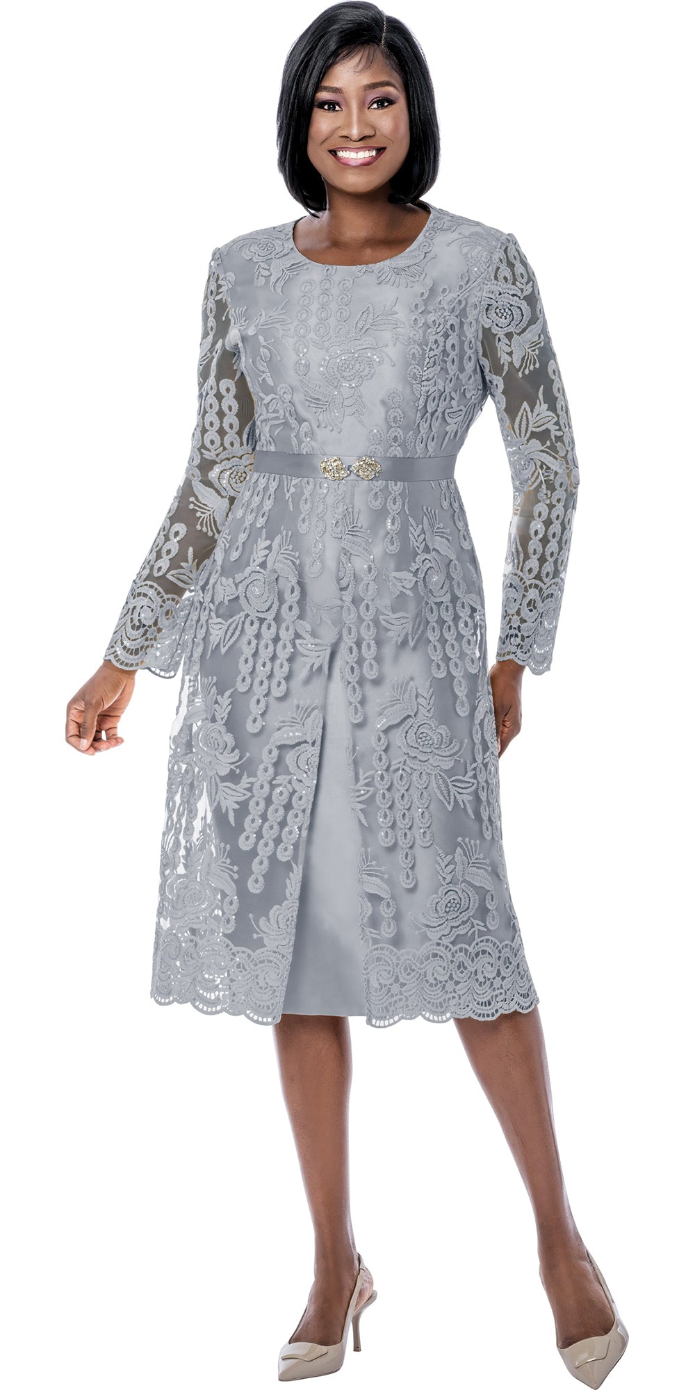 Terramina 7288 - Silver - Belted Lace Dress