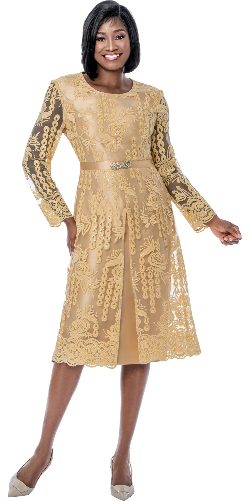 Terramina 7288 - Gold - Belted Lace Dress