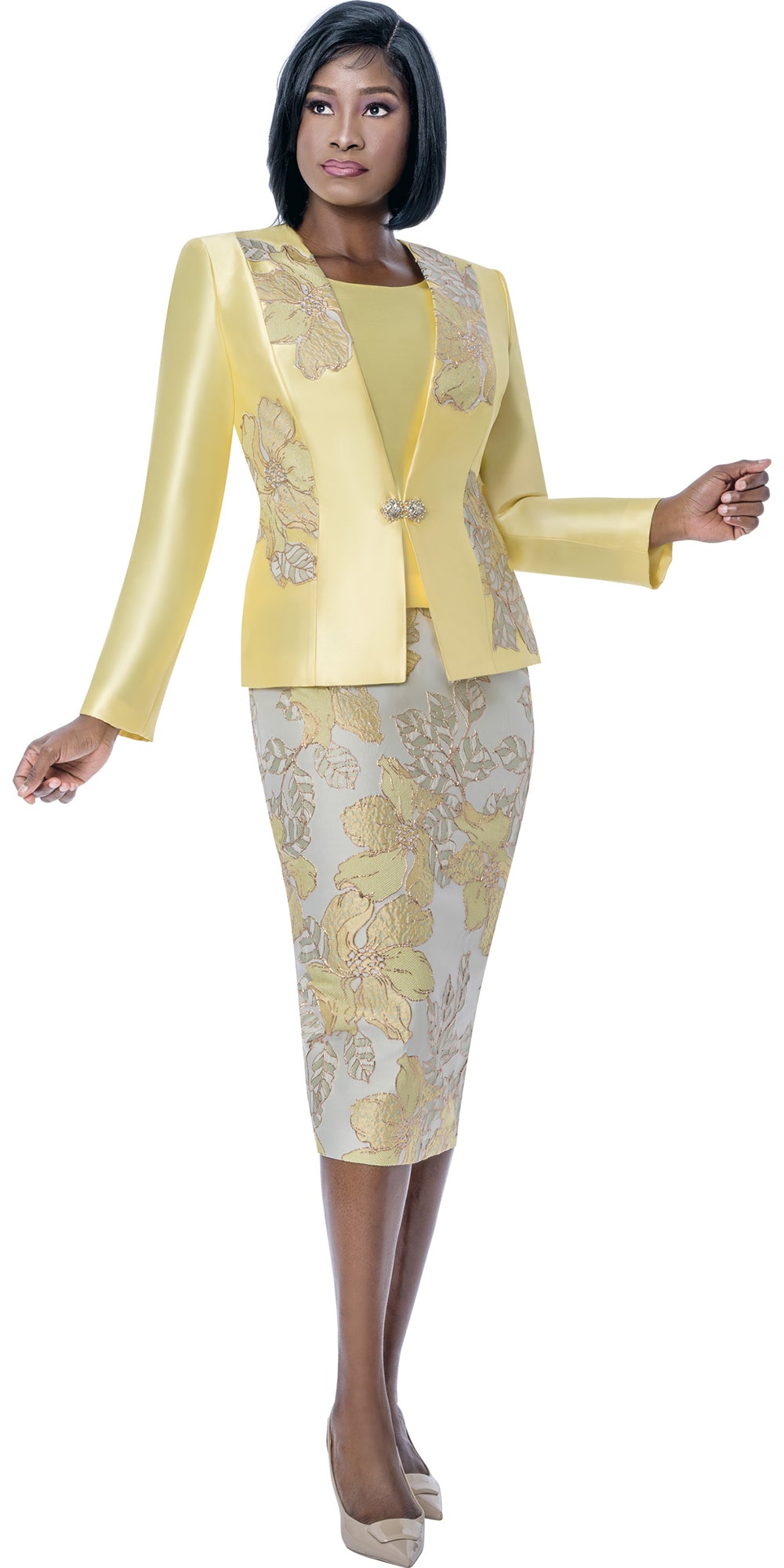 Terramina 7291 - Yellow - 3 pc Brocade Embellished Skirt Suit