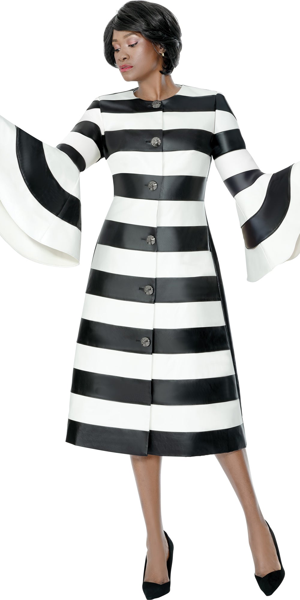 Terramina 7335 - Black White - Stripped Button Down Dress