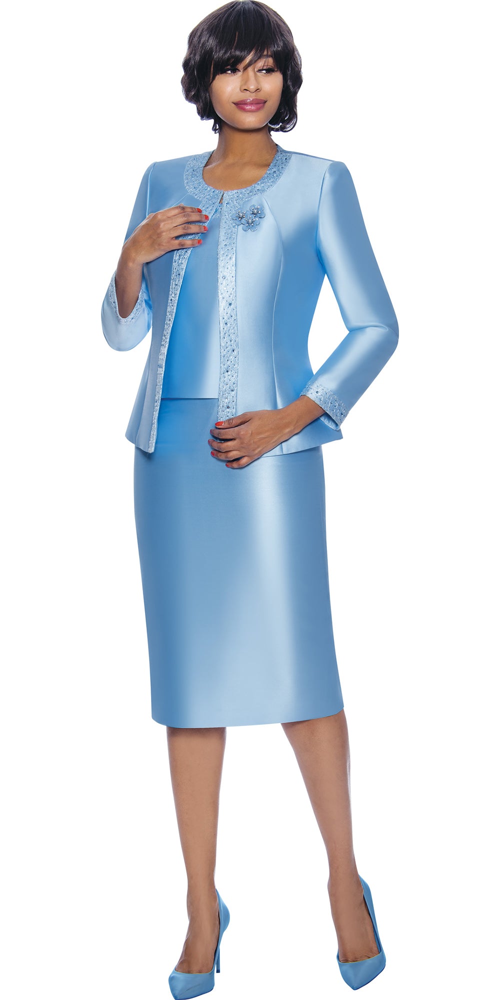 Terramina 7637 - Blue - Embellished Trim 3 pc Skirt Suit