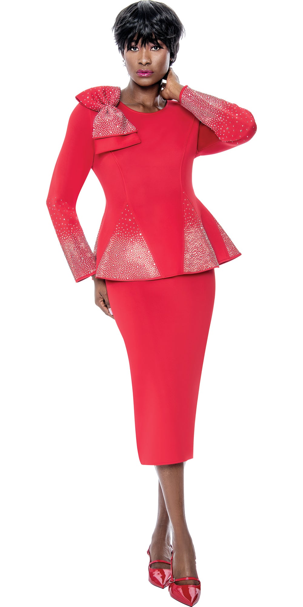 Terramina 7108 - Red - Scuba Crystal Embellished Skirt Suit