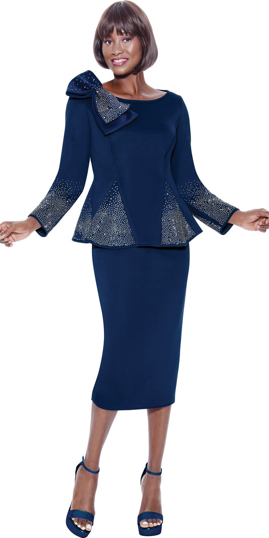 Terramina 7108 - Navy - Scuba Crystal Embellished Skirt Suit