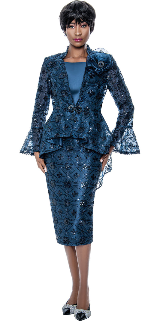 Terramina 7184 - Navy - Lace Sequin 3 pc Skirt Suit