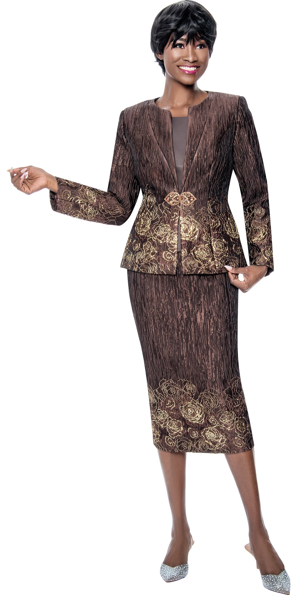 Terramina 7189 - Brown - Jacquard Rose Print 3 pc Skirt Suit