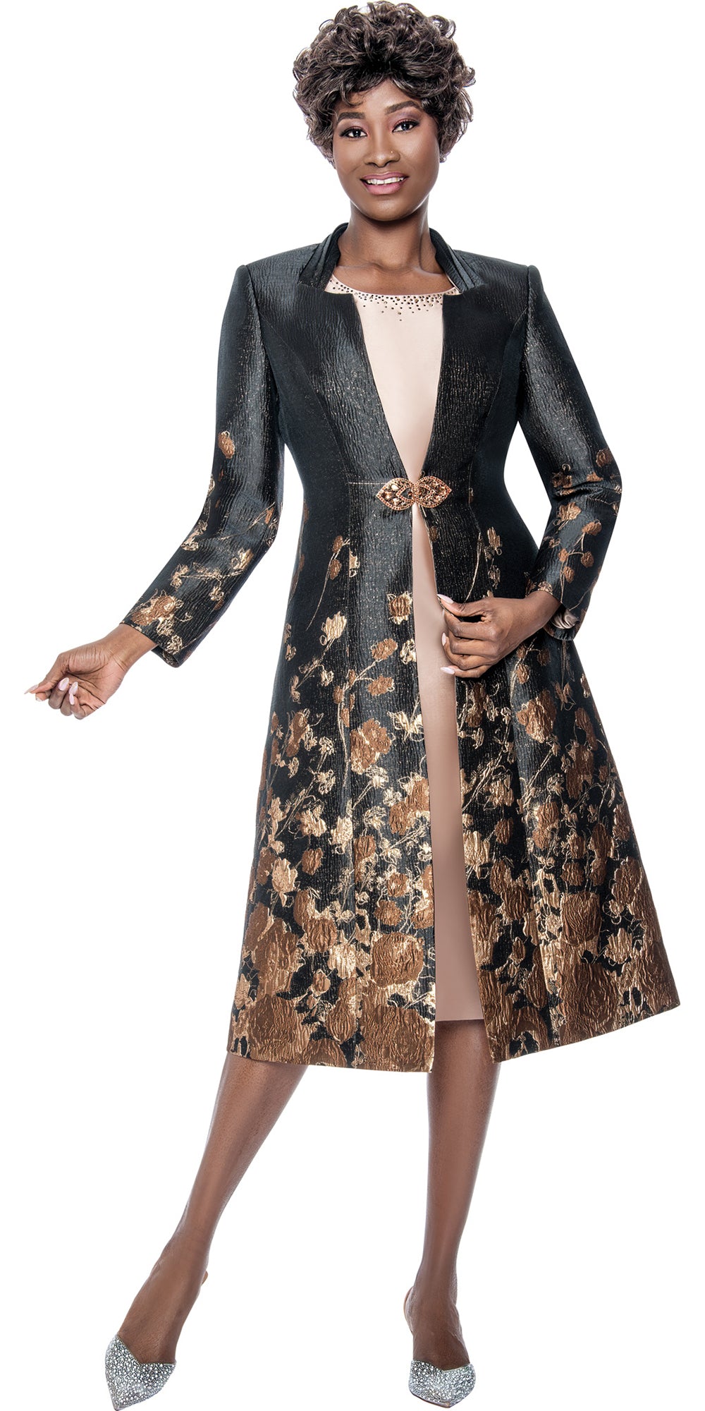 Terramina 7194 - Brown - 2 pc Jacquard Duster Coat and Dress