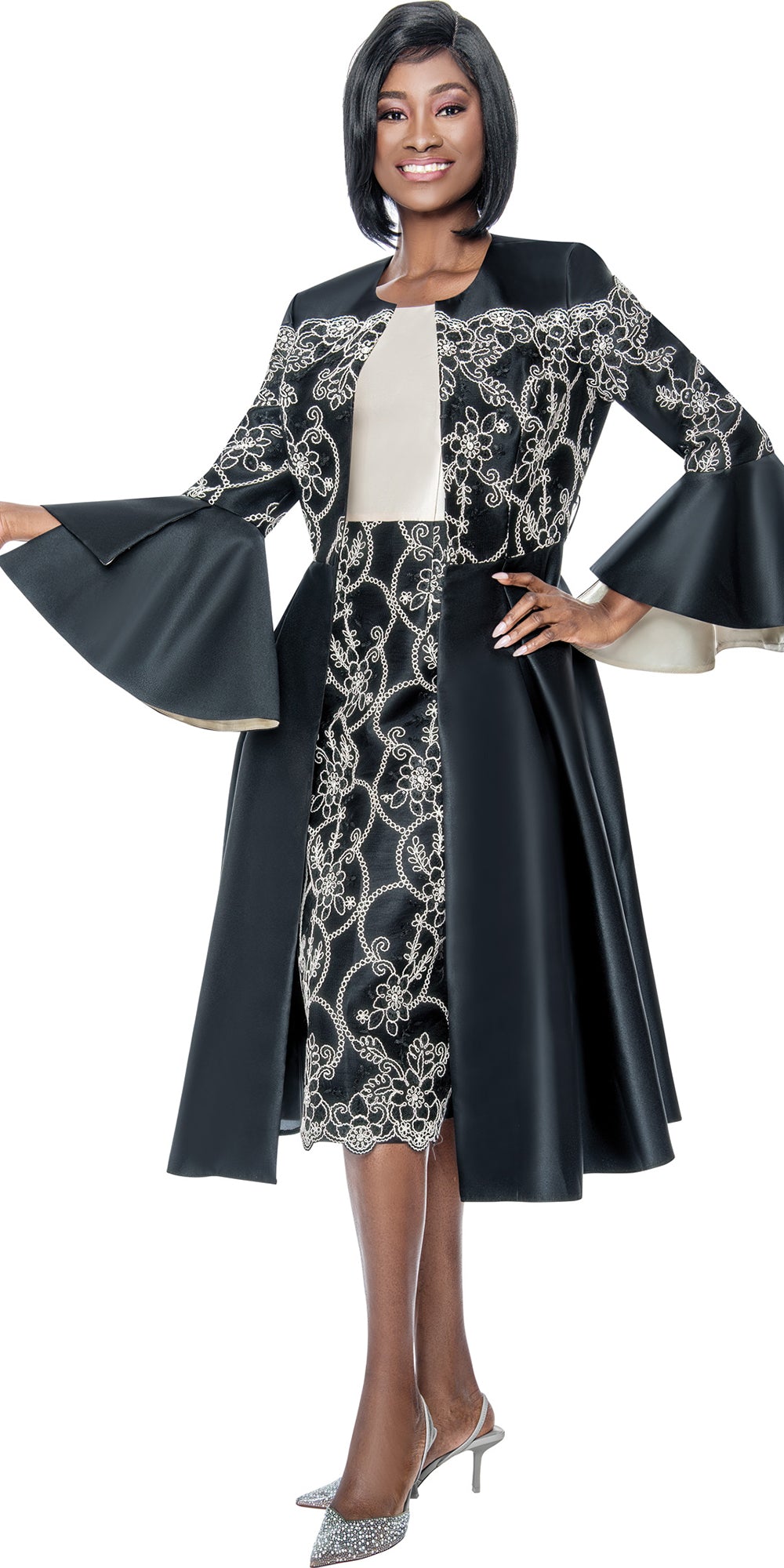 Terramina 7202 - Black - 2 pc Embroidered Duster Coat and Dress