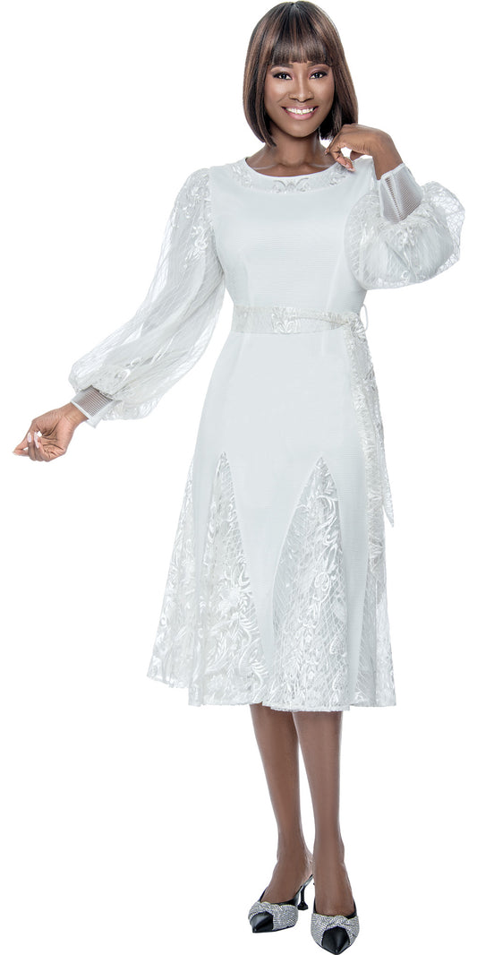 Terramina 7213 - Off White - Belted Lace Trim Dress