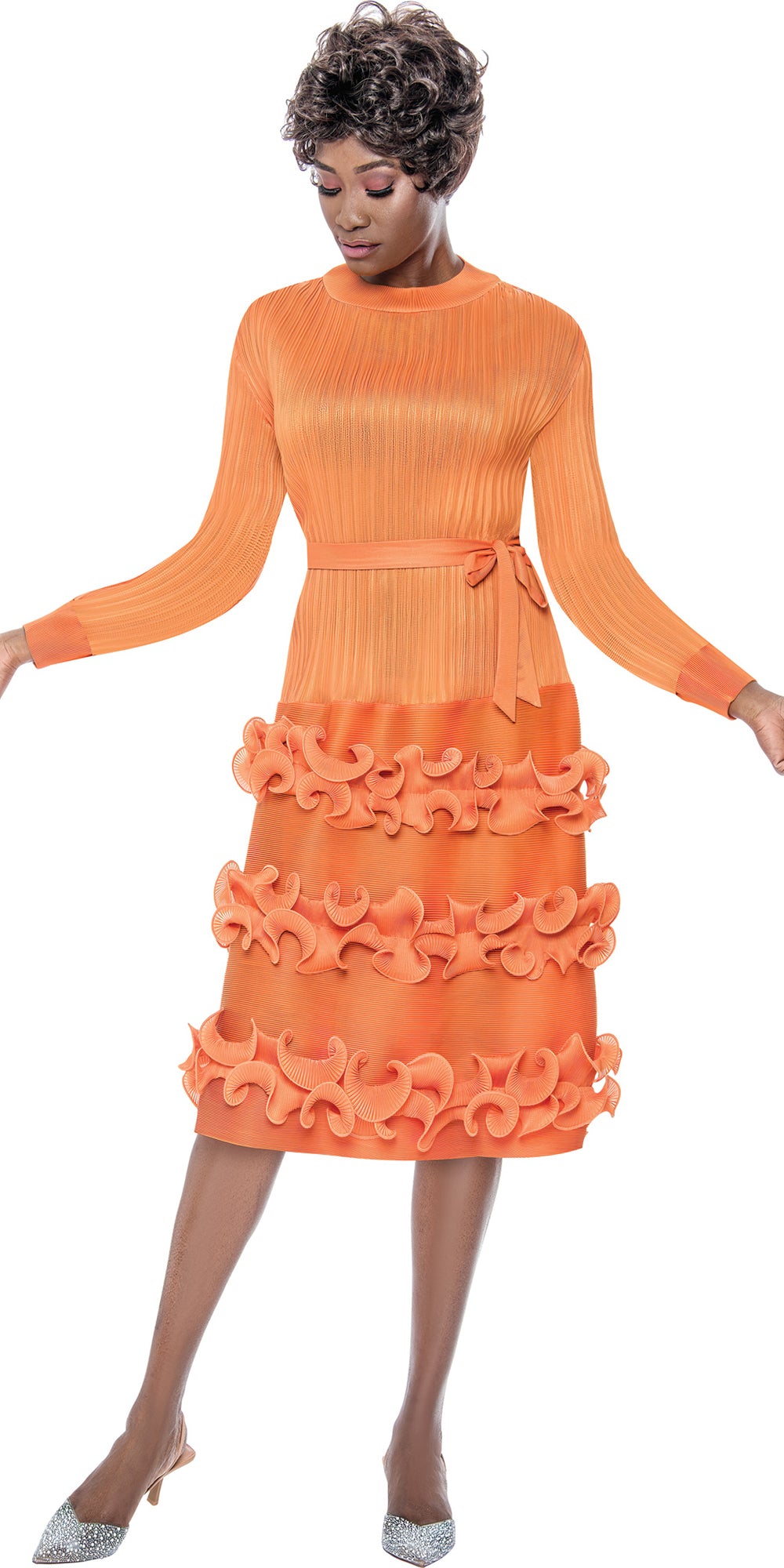 Terramina 7217 - Orange - Tiewaist Midi Ruffle Dress