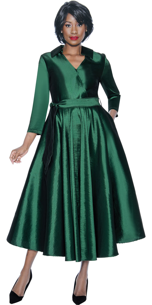 Terramina - 7869 - Green - Silk Look Dress With Sash Belt