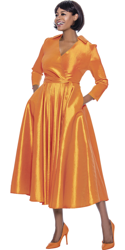 Terramina - 7869 - Orange - Silk Look Dress With Sash Belt