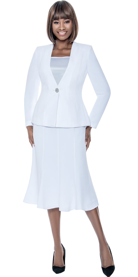 Terramina 9003 - White - 3pc Flair Hem Skirt Suit