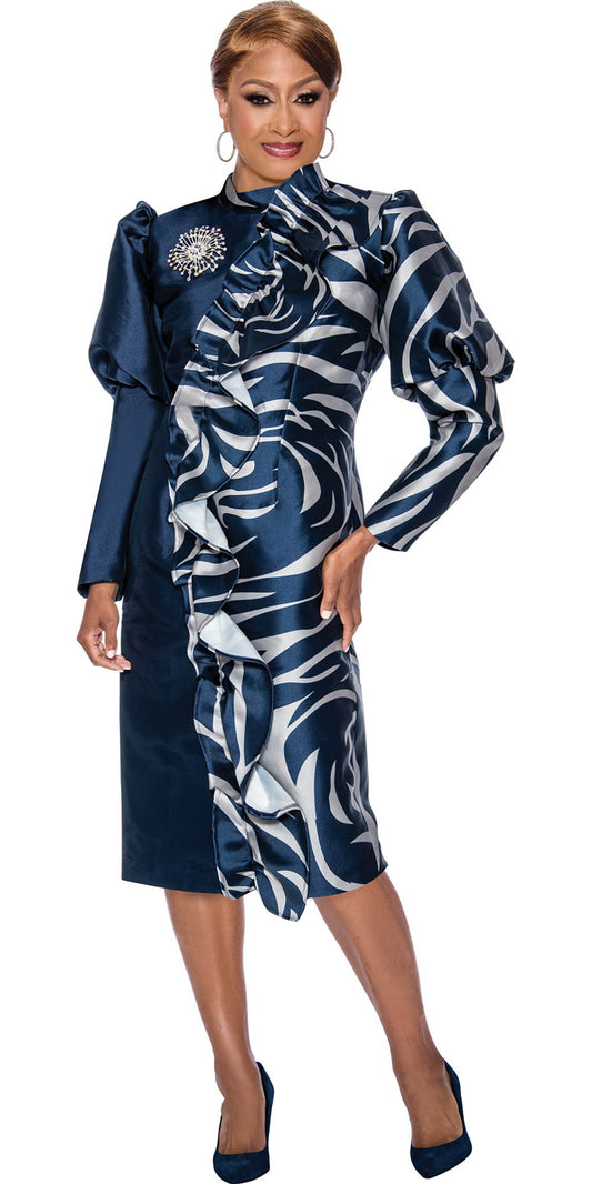 Dorinda Clark Cole - 5071 - Navy Silver - Puff Sleeve Print Ruffle Dress