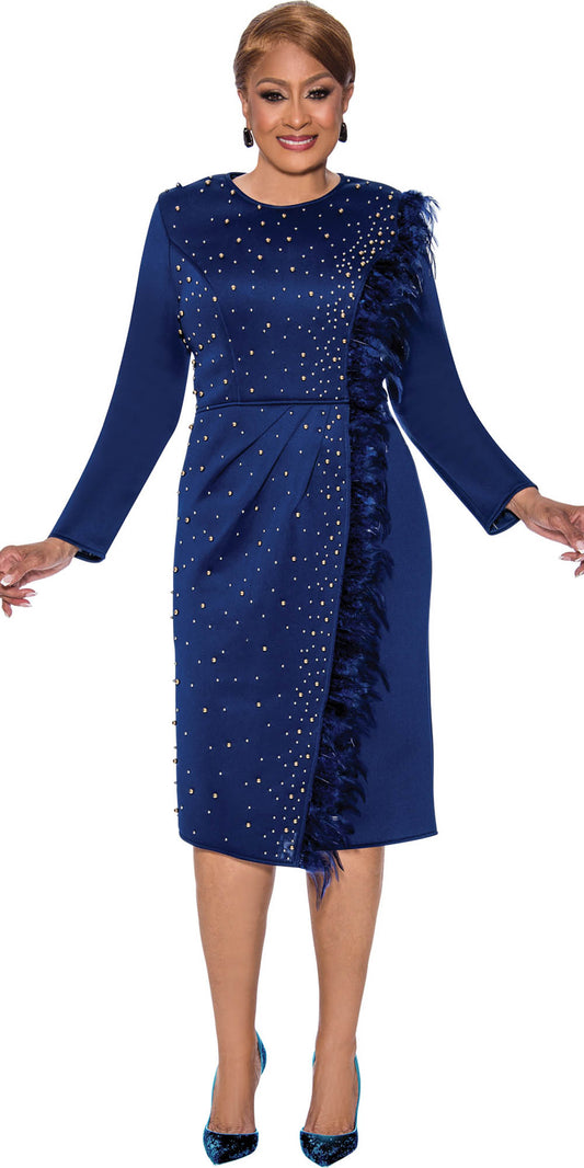 Dorinda Clark Cole - 5151 - Navy - Embellished Scuba Dress with Feather Trim