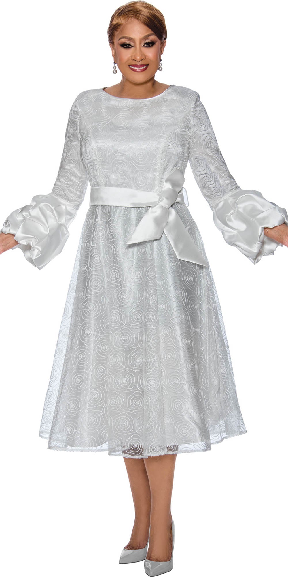 Dorinda Clark Cole - 5161 - White - Print Sheer Overlay Tie Waist Dress