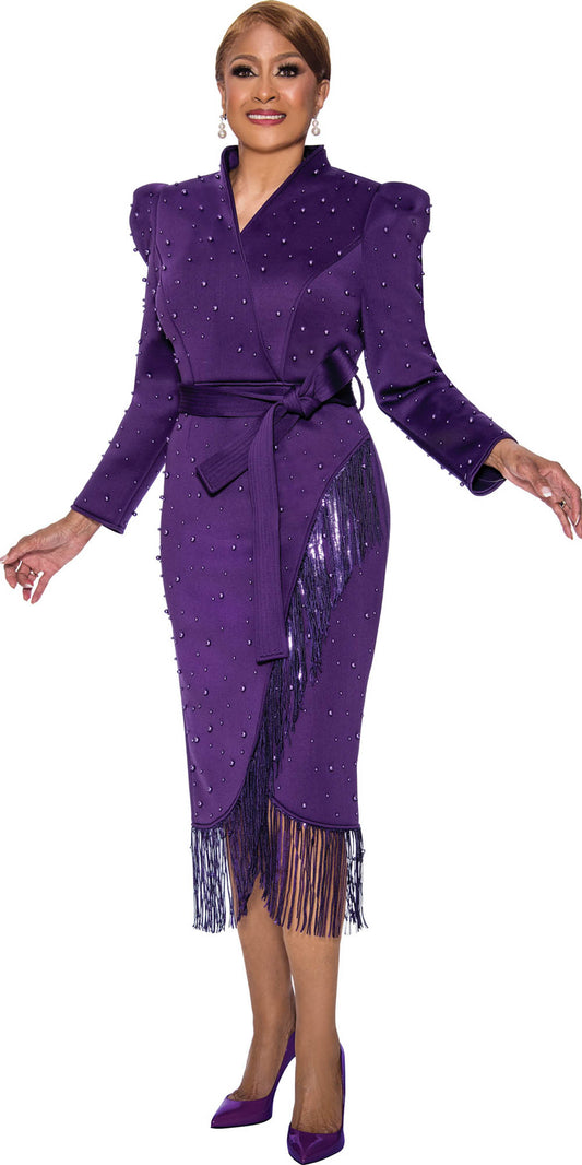 Dorinda Clark Cole - 5171 - Purple - Pearl Embellished Scuba Fabric Dress with Fringe Hemline