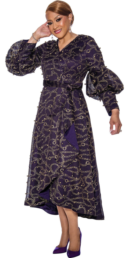 Dorinda Clark Cole - 5231 - Purple Gold - Faux Wrap Print Dress
