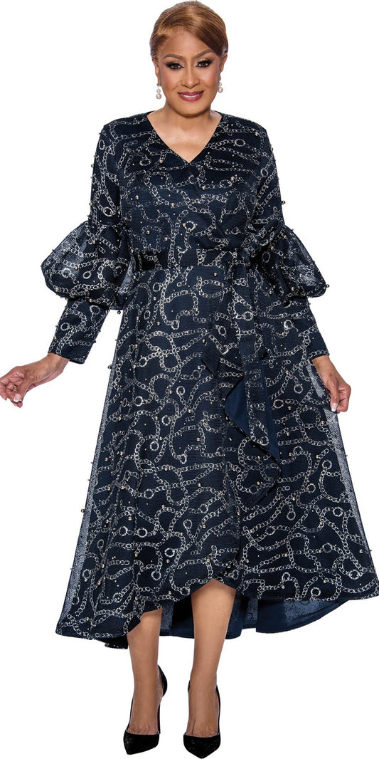 Dorinda Clark Cole - 5231 - Navy Silver - Faux Wrap Print Dress